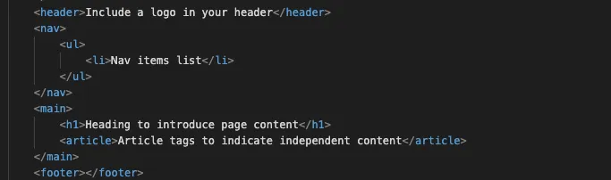 Recommended simple semantic structure including a header, nav element with UL list, main content with h1 and articles and finally a footer